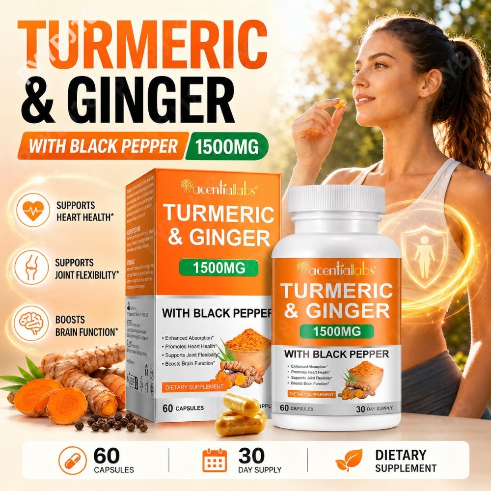 Turmeric Curcumin Capsule - แคปซูลขมิ้นและขิง ผสมพริกไทยดำ ขมิ้นออร์แกนิกและเคอร์คูมิน สำหรับสุขภาพหัวใจ ความยืดหยุ่นของข้อต่อ และการทำงานของสมอง
